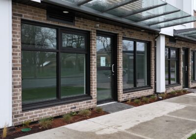 Completed commercial CMU block and brick veneer masonry at 2120 Quadra Street, Victoria, BC – project by Orca Masonry