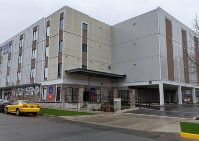 Completed commercial CMU block and brick veneer masonry at 2120 Quadra Street, Victoria, BC – project by Orca Masonry