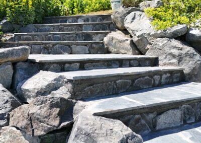 San Juan Flagstone steps installed by Orca Masonry in Cordova Bay. Premium blue-grey slate, ideal for ocean-view homes. Stonework done right in Victoria, BC.