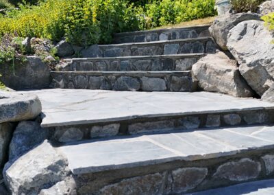 San Juan Flagstone steps installed by Orca Masonry in Cordova Bay. Premium blue-grey slate, ideal for ocean-view homes. Stonework done right in Victoria, BC.