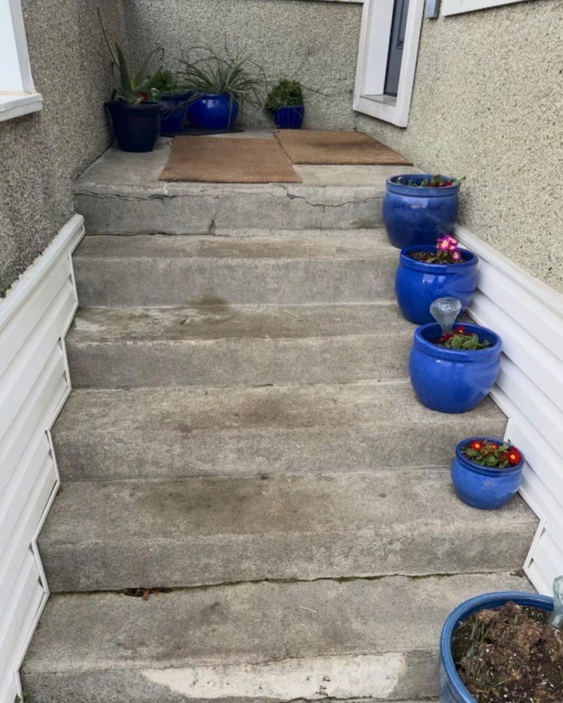 Worn concrete entry steps between sided walls, before StepClad