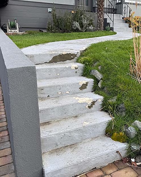 Chipped concrete garden steps beside a grey wall, before StepClad